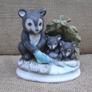 Vintage Fishing Bear with Cubs Porcelain Figurine